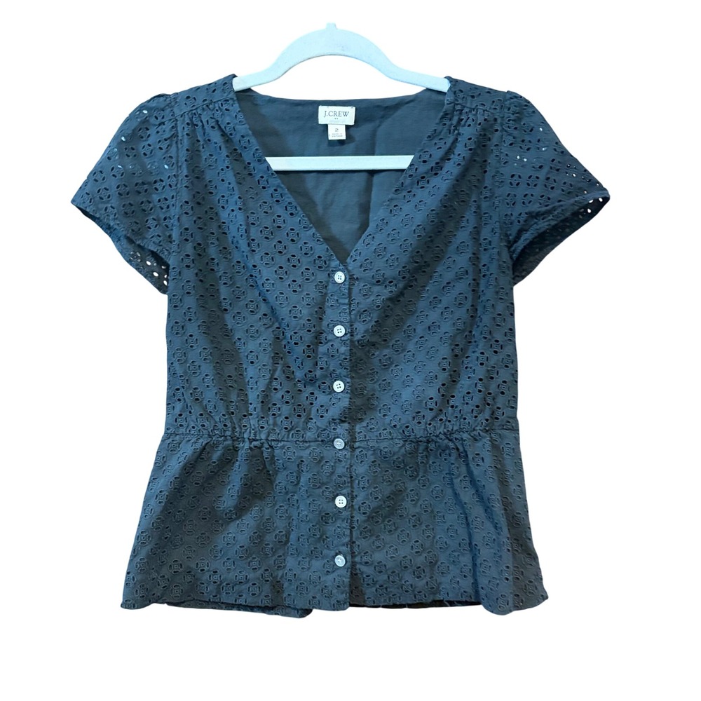 J.Crew Womens Black Eyelet Button Front Peplum Top V-Neck Cap‎ Sleeve Size 2